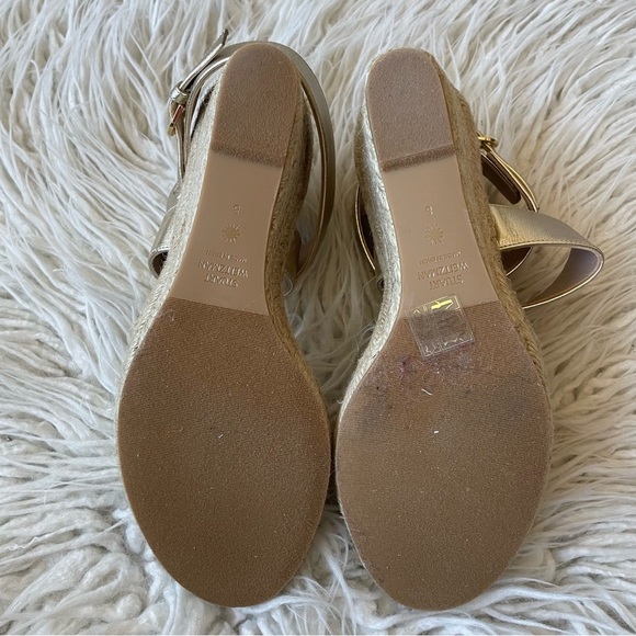 Stuart Weitzman Lexia Gold Metallic Textured-Leather Espadrille Wedge Sandals 8 - Picture 8 of 12